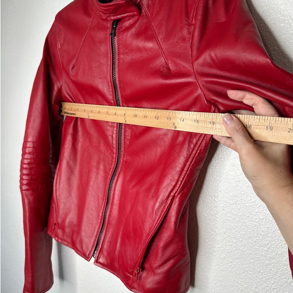 William B Cherry Red 100% Leather Moto Jacket Front Zip Silk Lining S - Picture 12 of 14